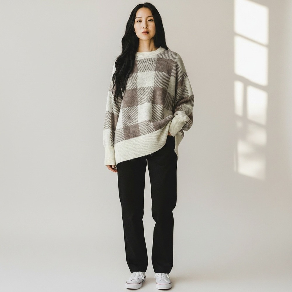 Abercrombie & Fitch Plaid Sweater Oversized XS Tan Cream Knit Cabin Fall Winter